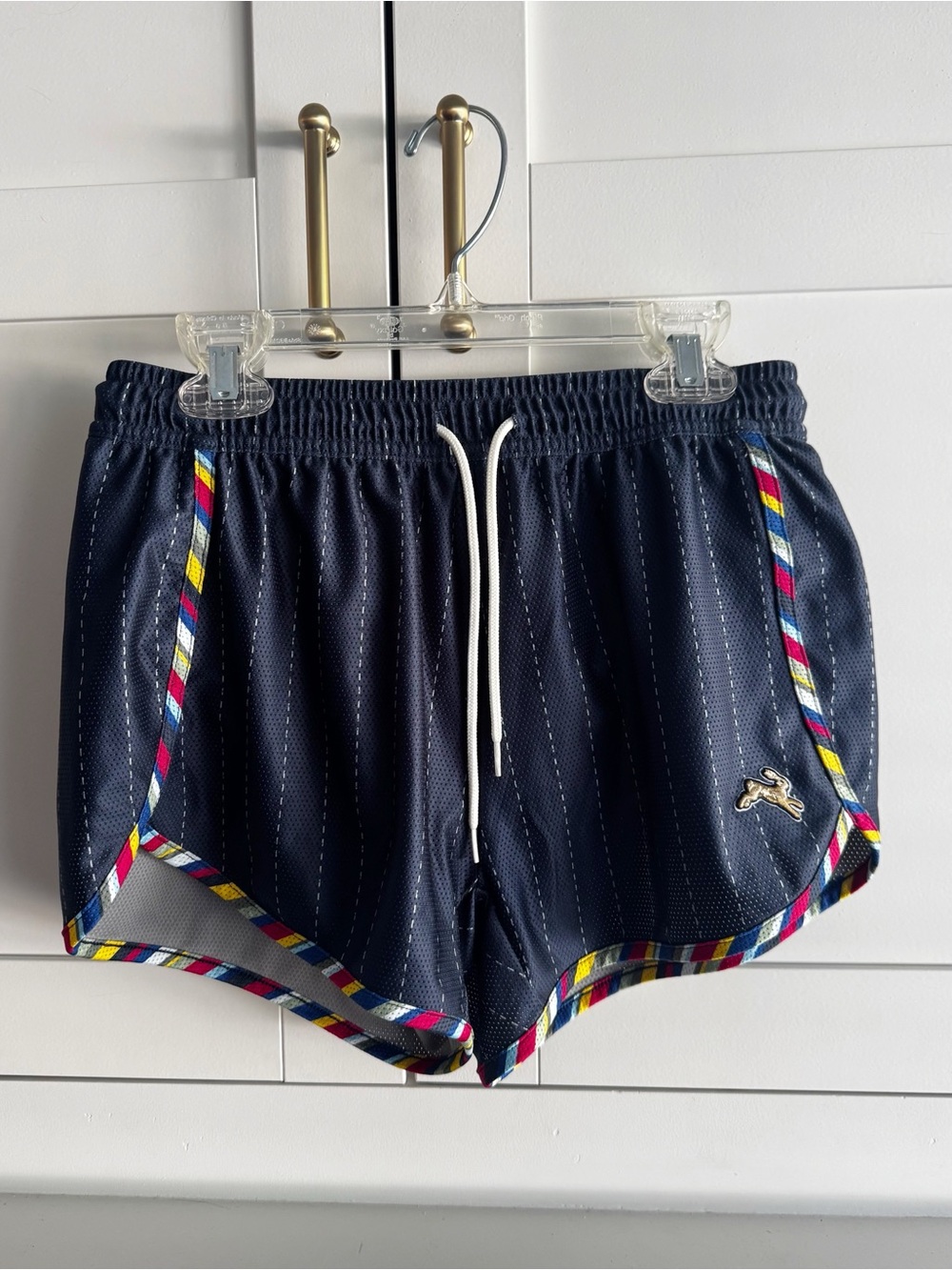 Tracksmith Women’s Van Cortland Shorts Size XS Navy Blue Mesh Multi Stripe Trim